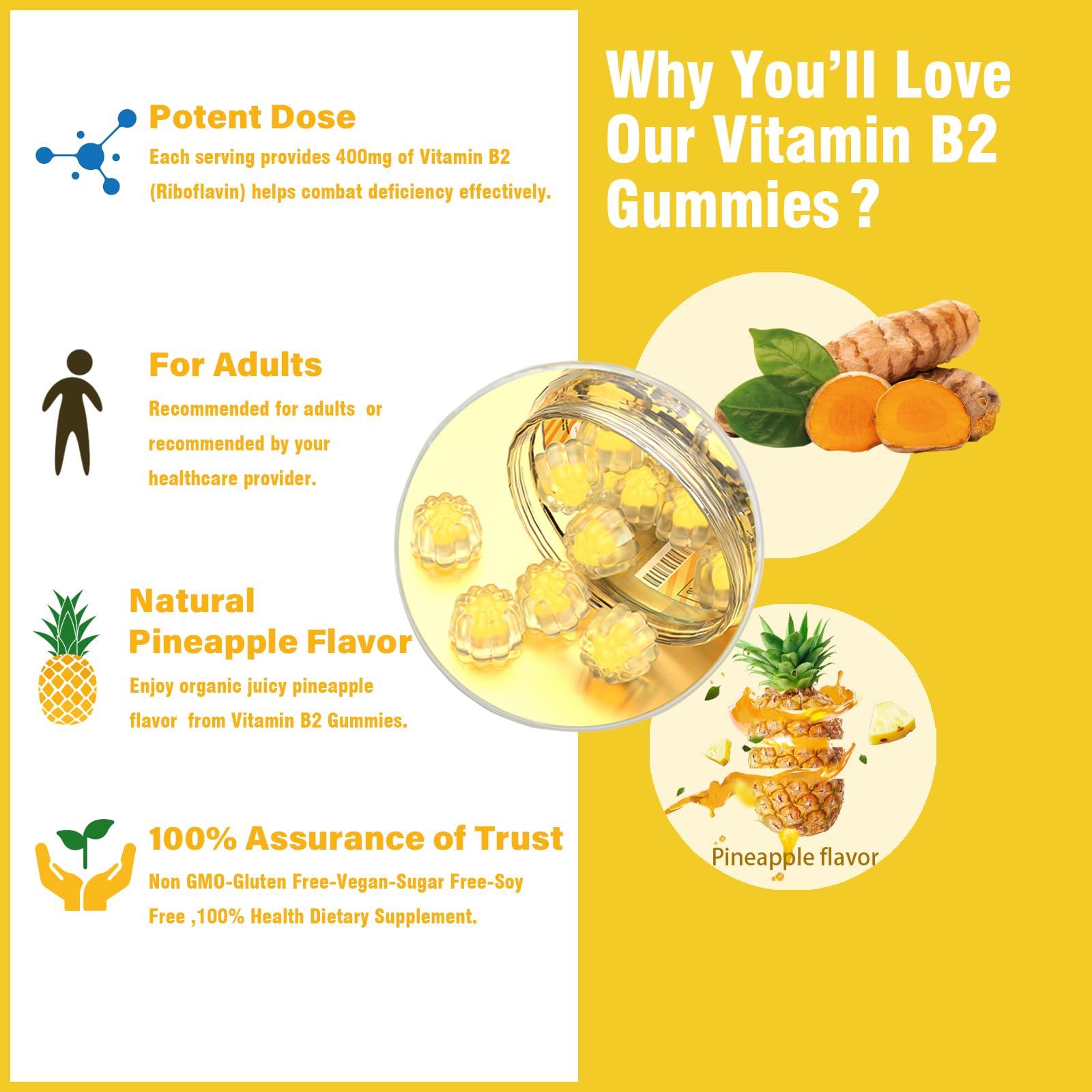 Two gummies showing soft chew texture with turmeric and B complex support
