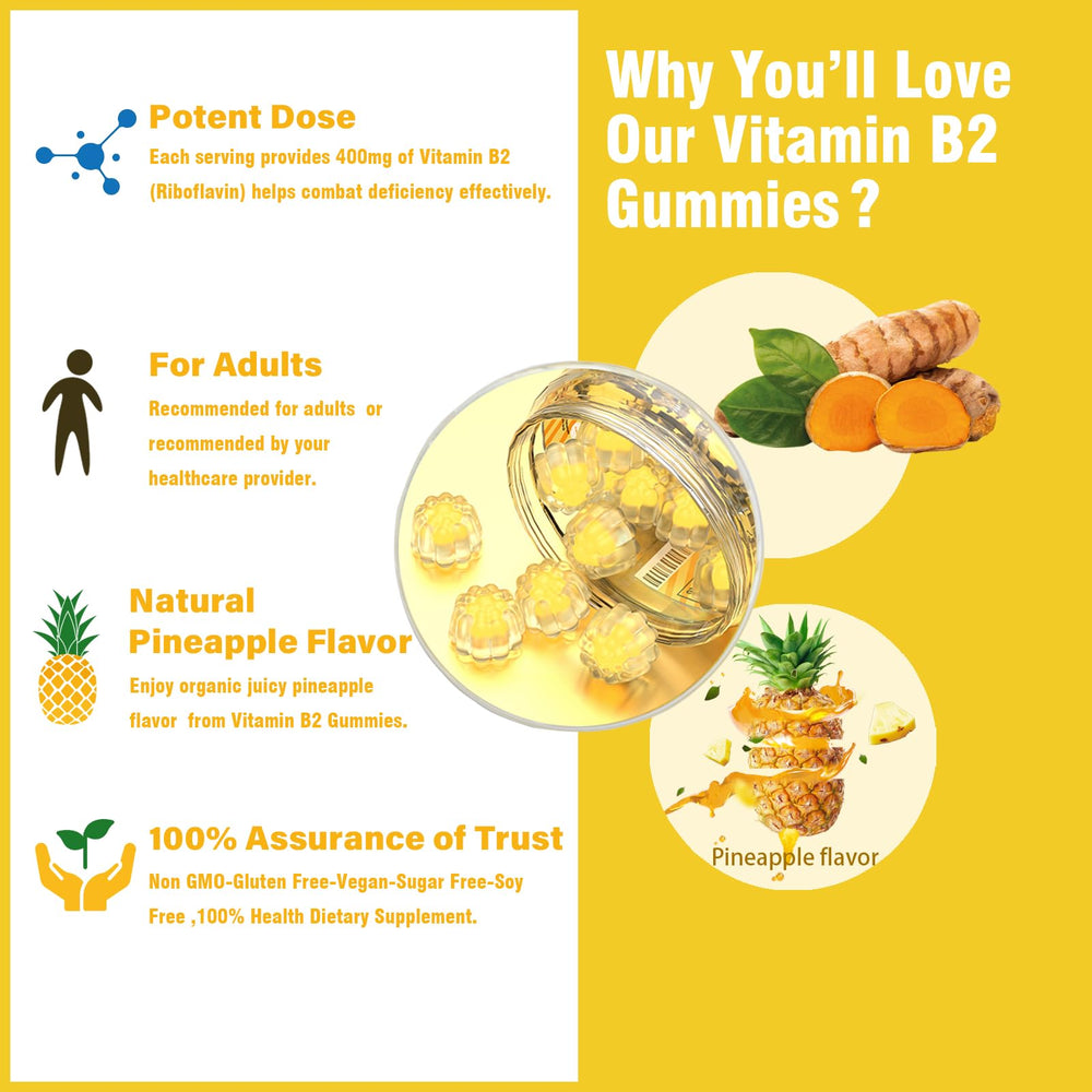 Two gummies showing soft chew texture with turmeric and B complex support