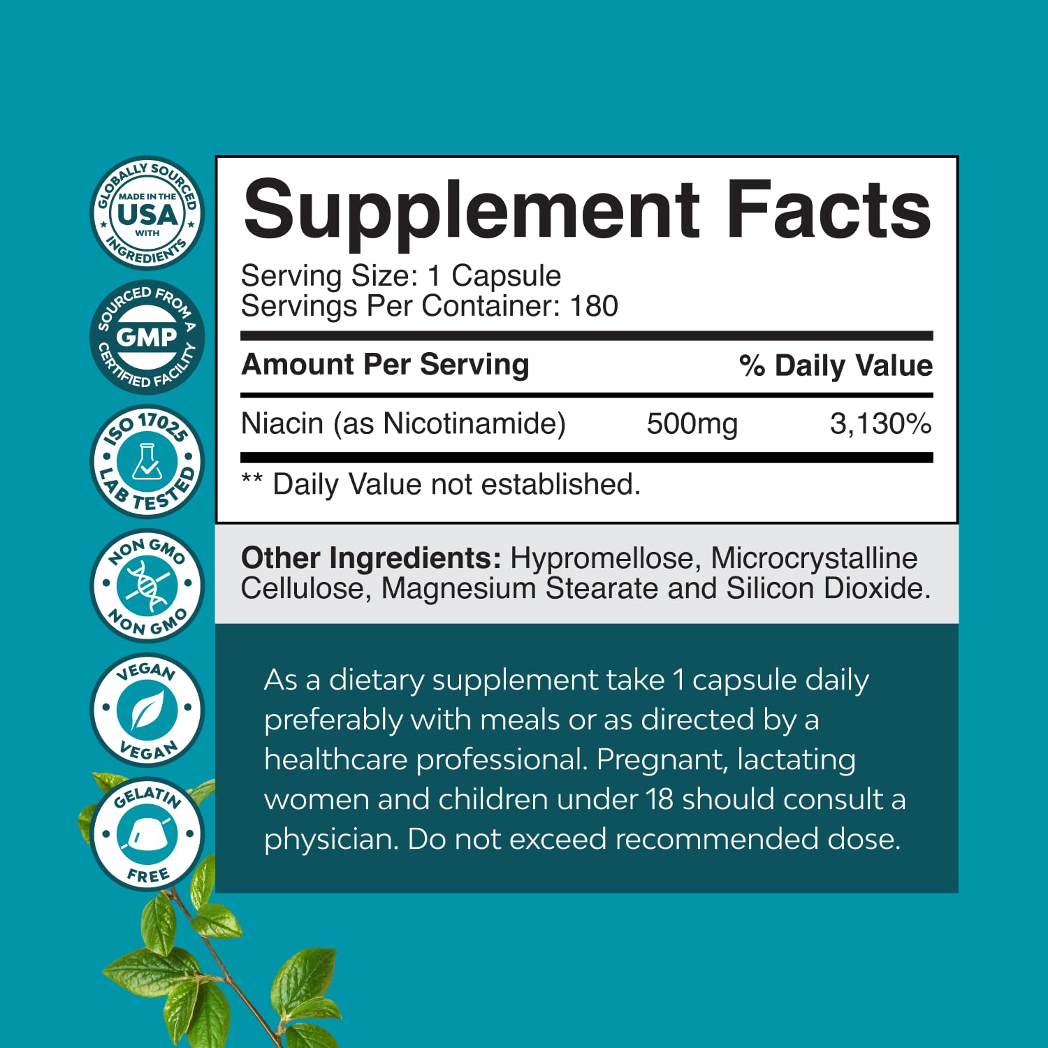 Front view of Niacinamide 500mg capsules bottle