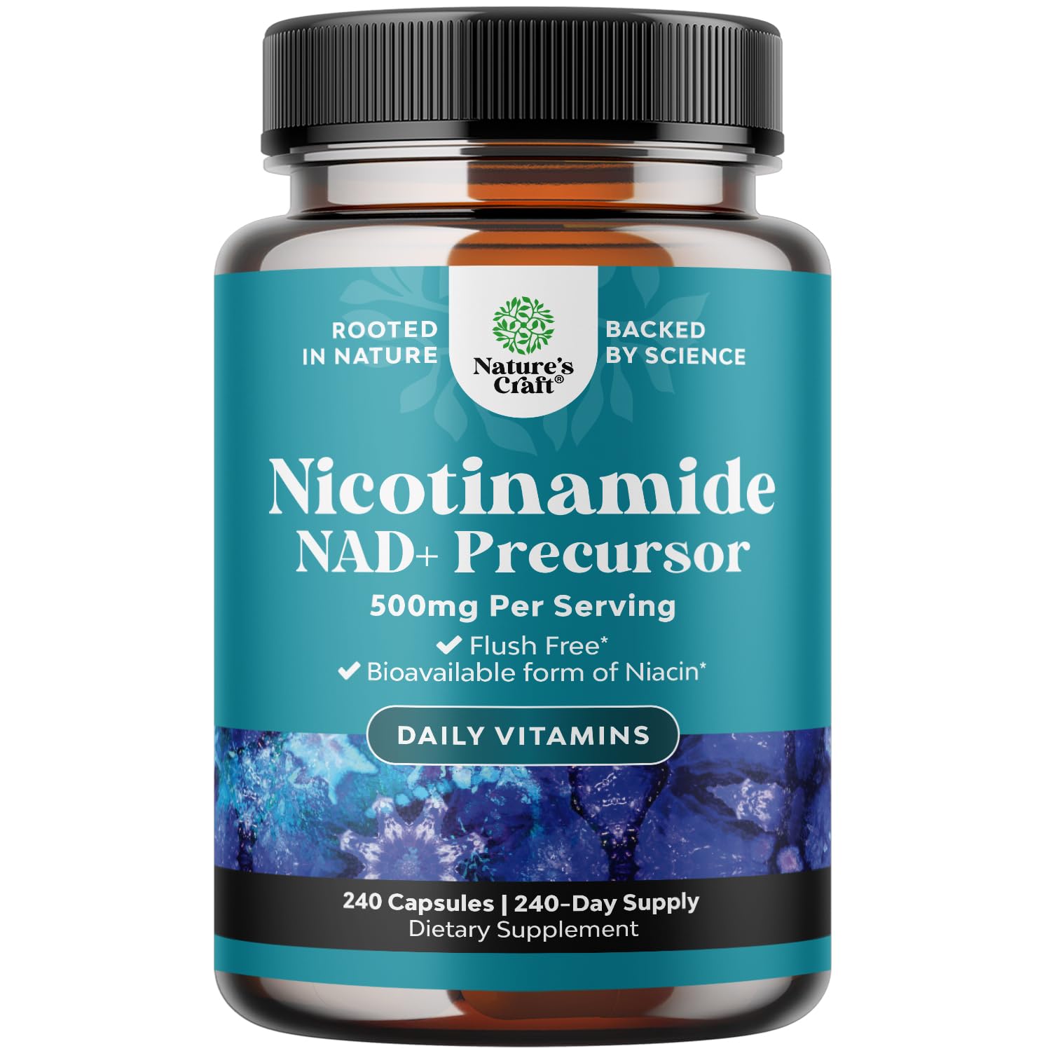 Front view of Vitamin B3 Niacinamide 500mg capsules bottle