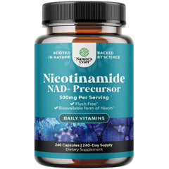 Front view of Vitamin B3 Niacinamide 500mg capsules bottle