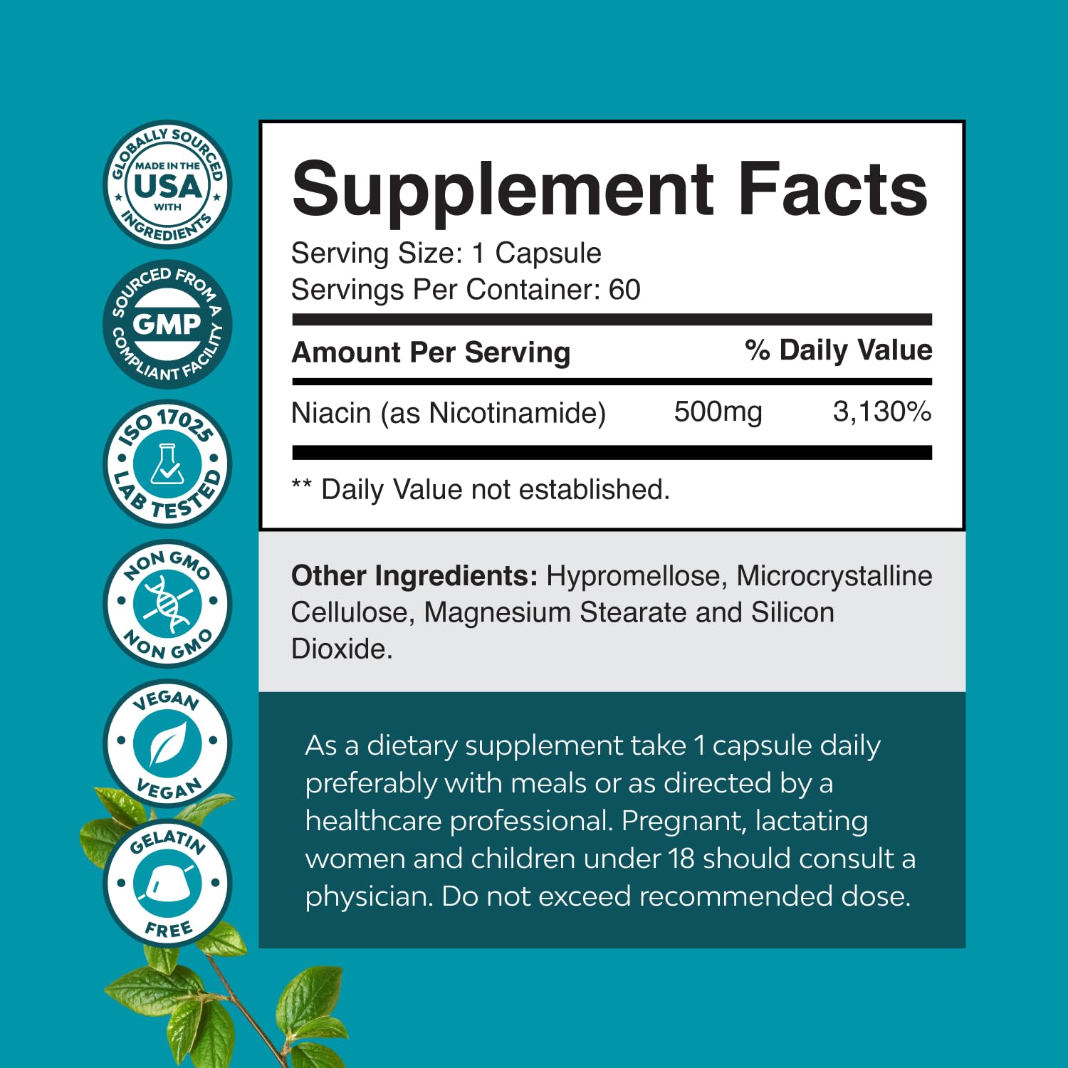 Product label showing 500mg niacinamide flush-free