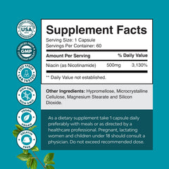 Product label showing 500mg niacinamide flush-free