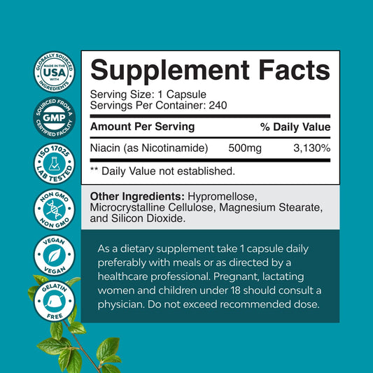 Vitamin B3 Niacinamide 500mg capsules packaging