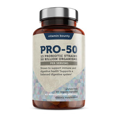 Vitamin Bounty Pro-50 Probiotics bottle with 50 Billion CFU label