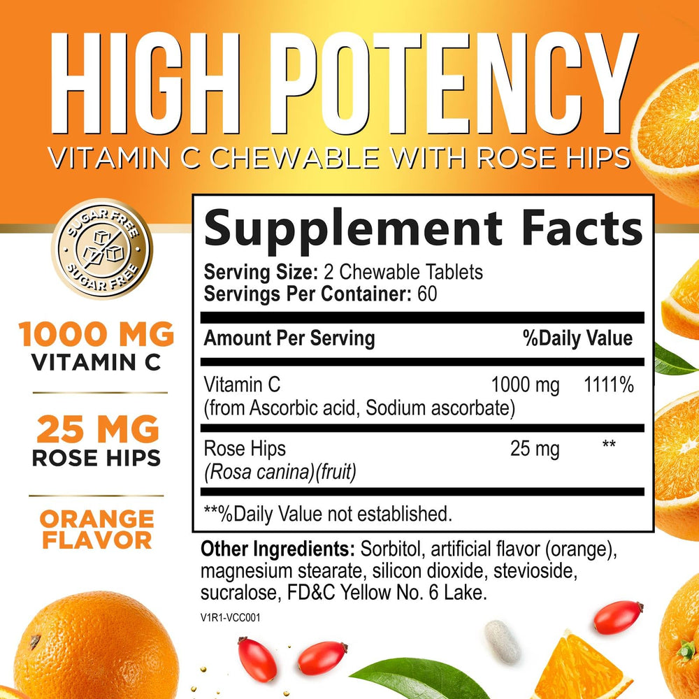 Orange flavored Vitamin C 1000mg chewables scattered on a surface