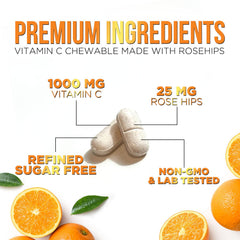 Close-up of orange-chewable Vitamin C 1000mg tablet texture