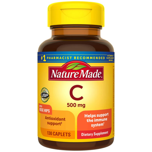 Bottle front view of Nature Made Vitamin C 500 mg with Rose Hips, 130 caplets