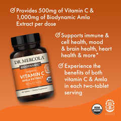 Graphic highlighting immune, mood, and skin health benefits of Vitamin C from Amla