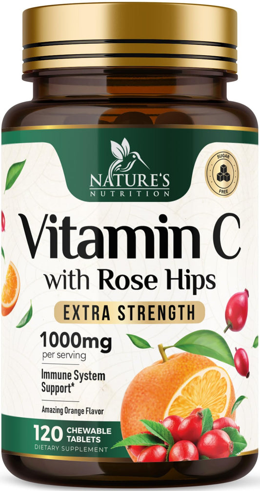 Vitamin C chewable 1000mg tablet with rose hips - front view