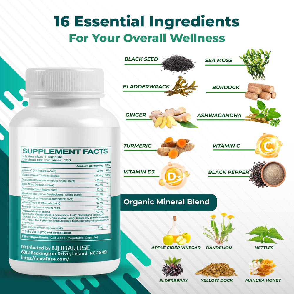 16 potent ingredients including Vitamin C and D3 with Sea Moss