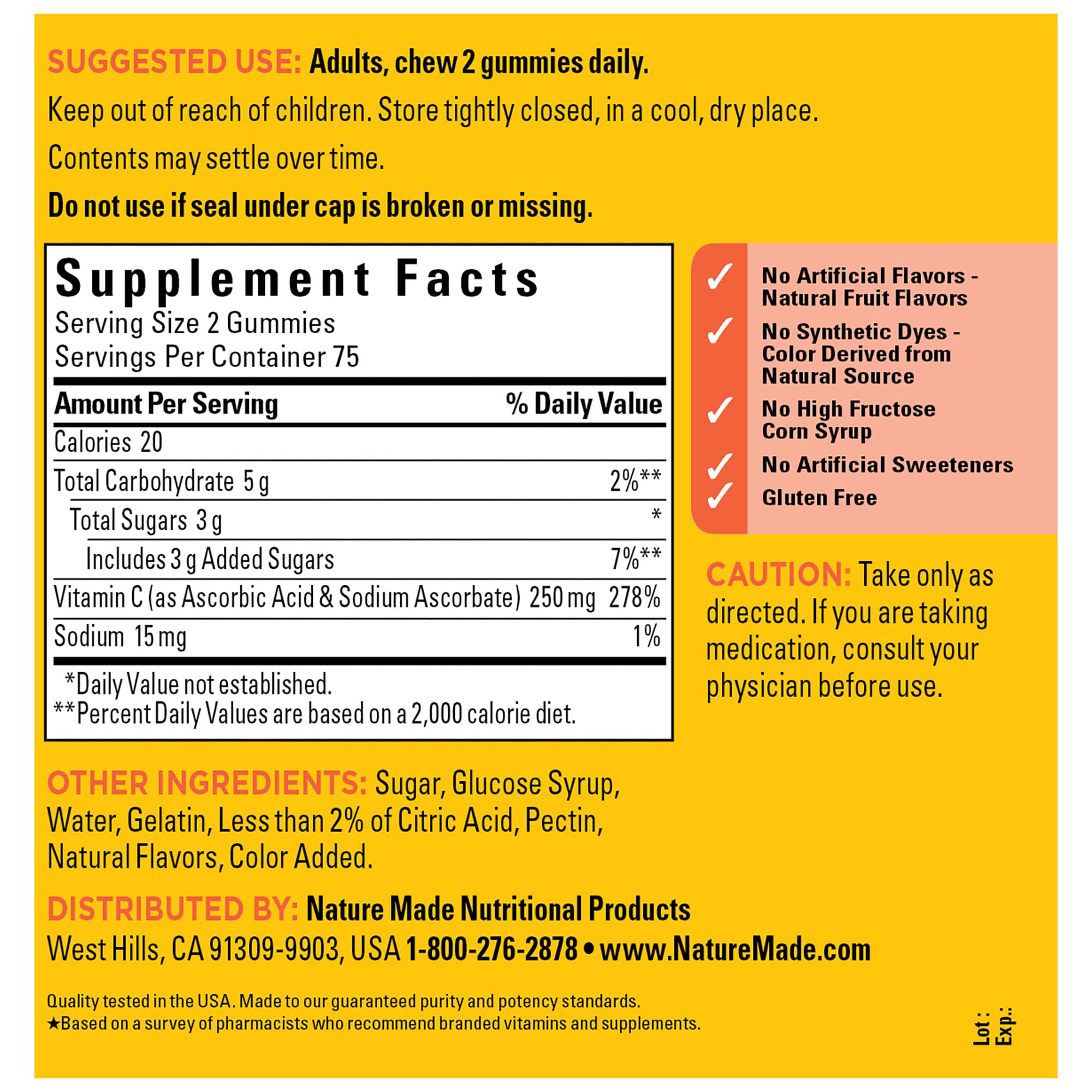 Close-up of Vitamin C 250 mg gummy bottle label