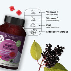 Close-up illustrating vitamin C and zinc in elderberry gummies