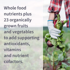 Front of bottle showing 23 raw fruits and vegetables in the formula.