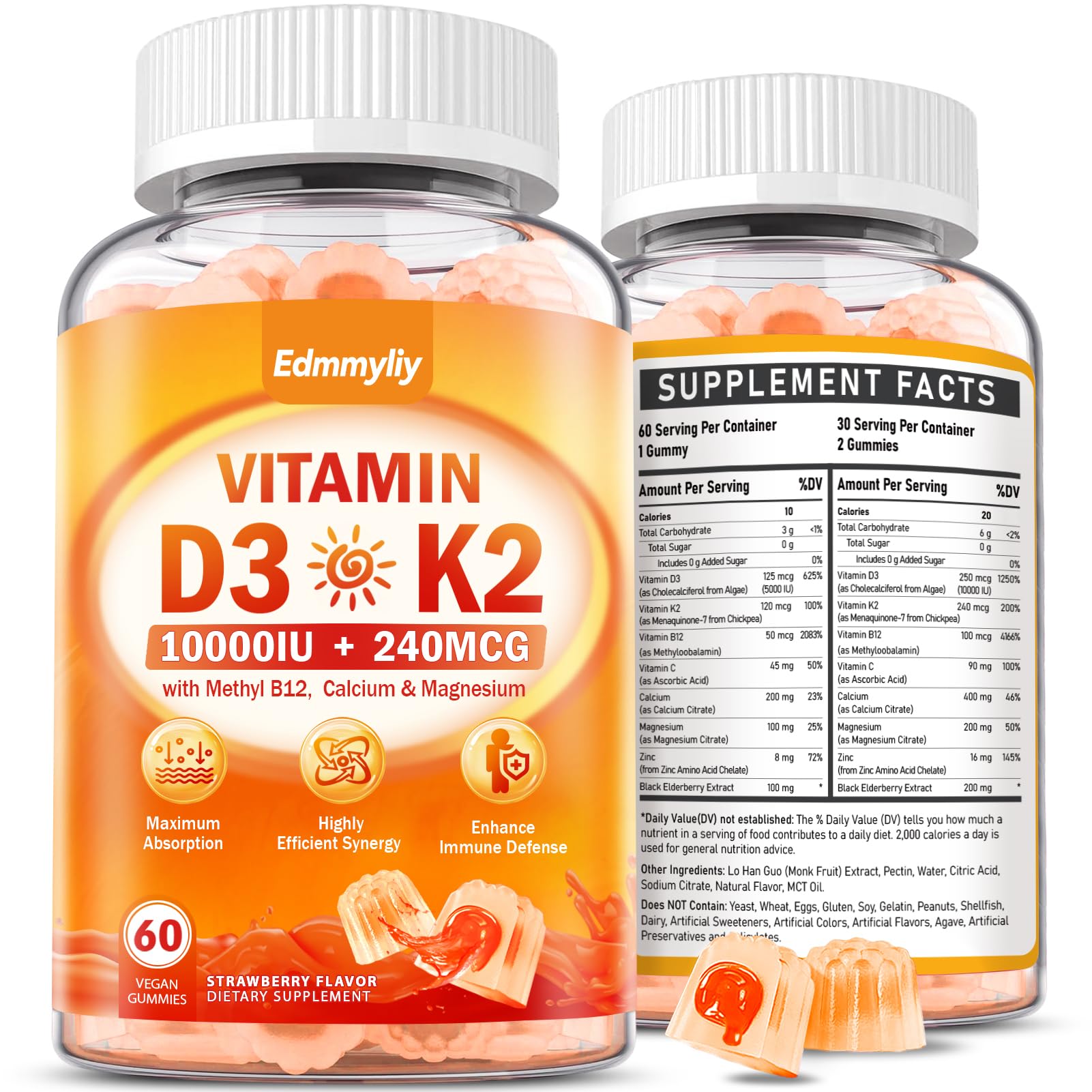 Bottle of Vitamin D3 10000 IU Gummies with K2 – vegan and sugar-free