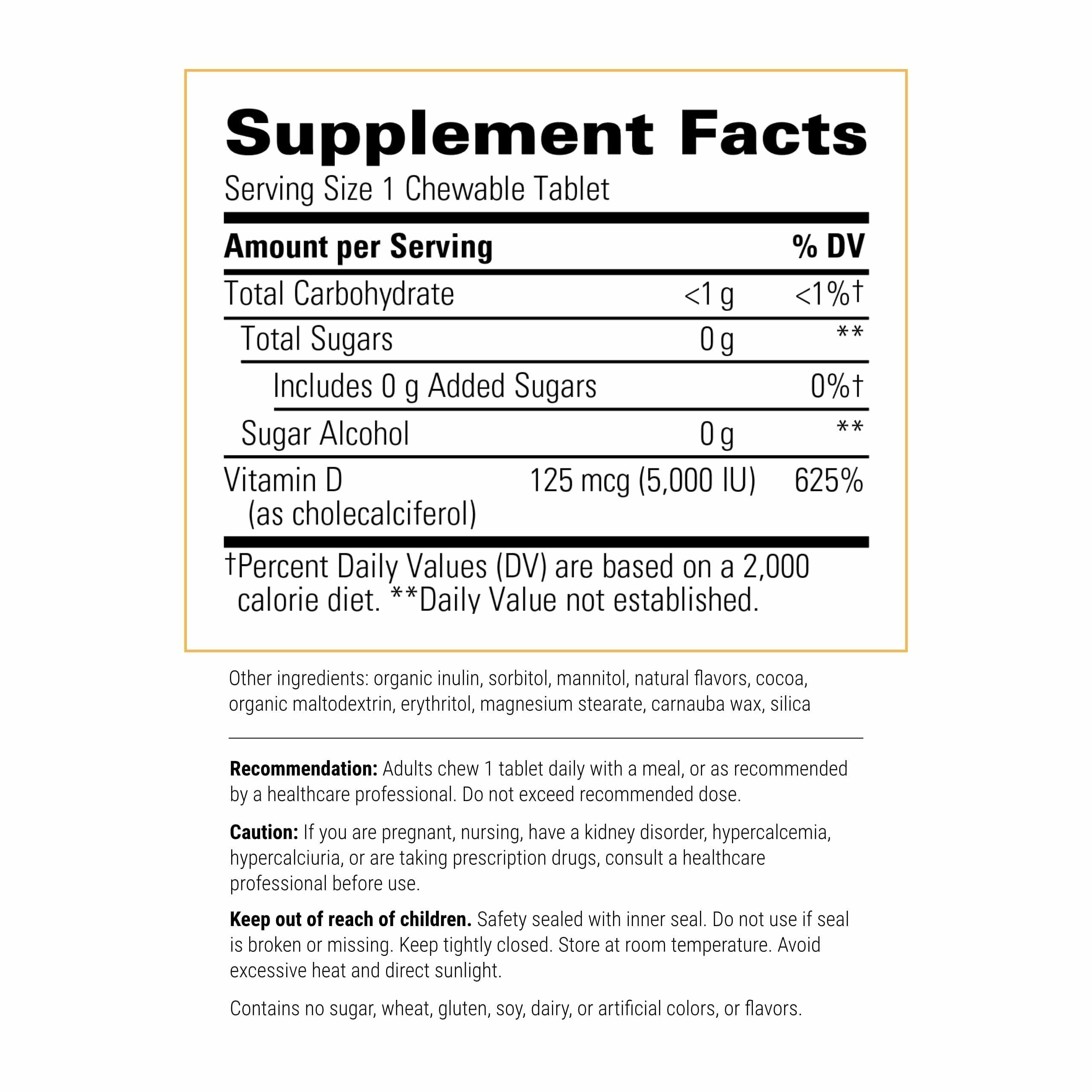 Chocolate-flavored vitamin D3 125 mcg chewable tablet close-up