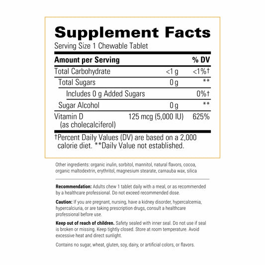 Chocolate-flavored vitamin D3 125 mcg chewable tablet close-up