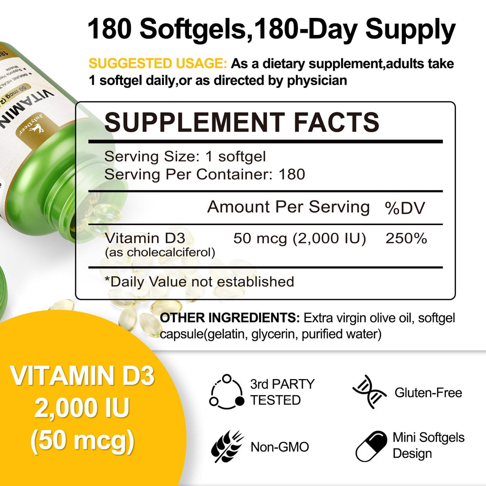 Two bottles of Vitamin D3 2000 IU 360 softgels side view