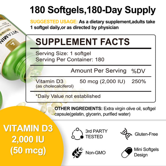 Two bottles of Vitamin D3 2000 IU 360 softgels side view