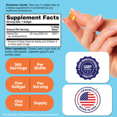Close-up of Vitamin D3 2000 IU mini softgel capsule