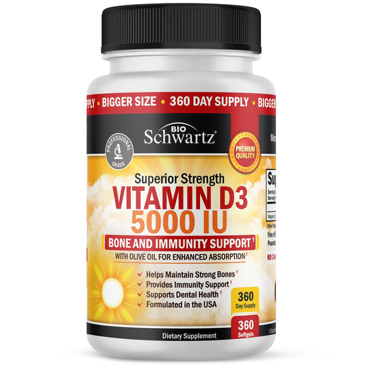 Bottle of Vitamin D3 5000 IU softgels with olive oil for absorption