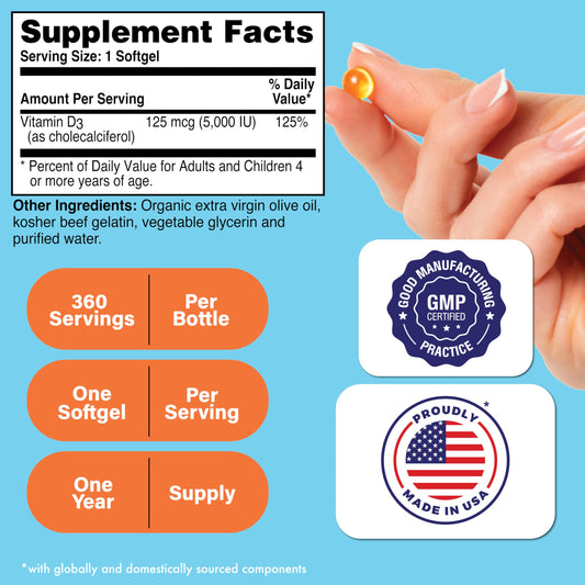 Vitamin D3 5000IU 125mcg cholecalciferol in organic EVOO carrier