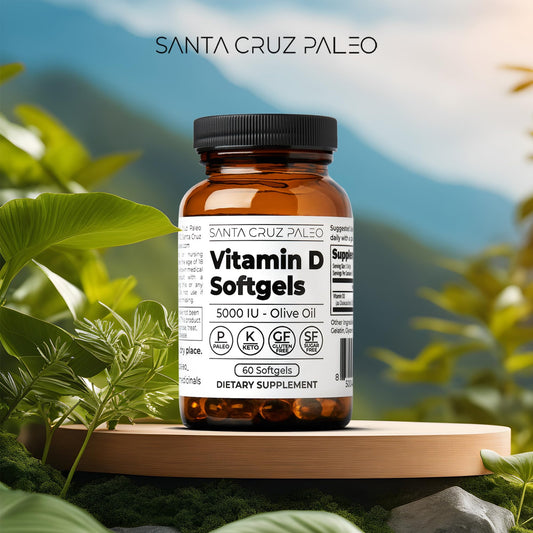 Close-up of vitamin D3 5000 IU softgel in olive oil