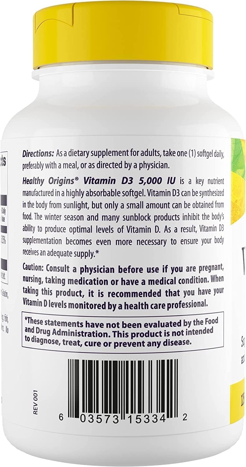 Close-up of vitamin D3 5,000 IU bottle for bone support