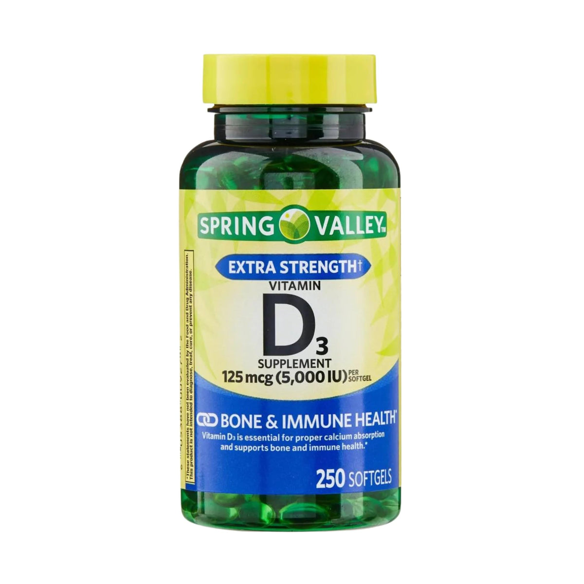 Front view of a bottle labeled Vitamin D3 5000 IU softgels