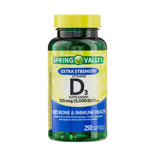 Front view of a bottle labeled Vitamin D3 5000 IU softgels