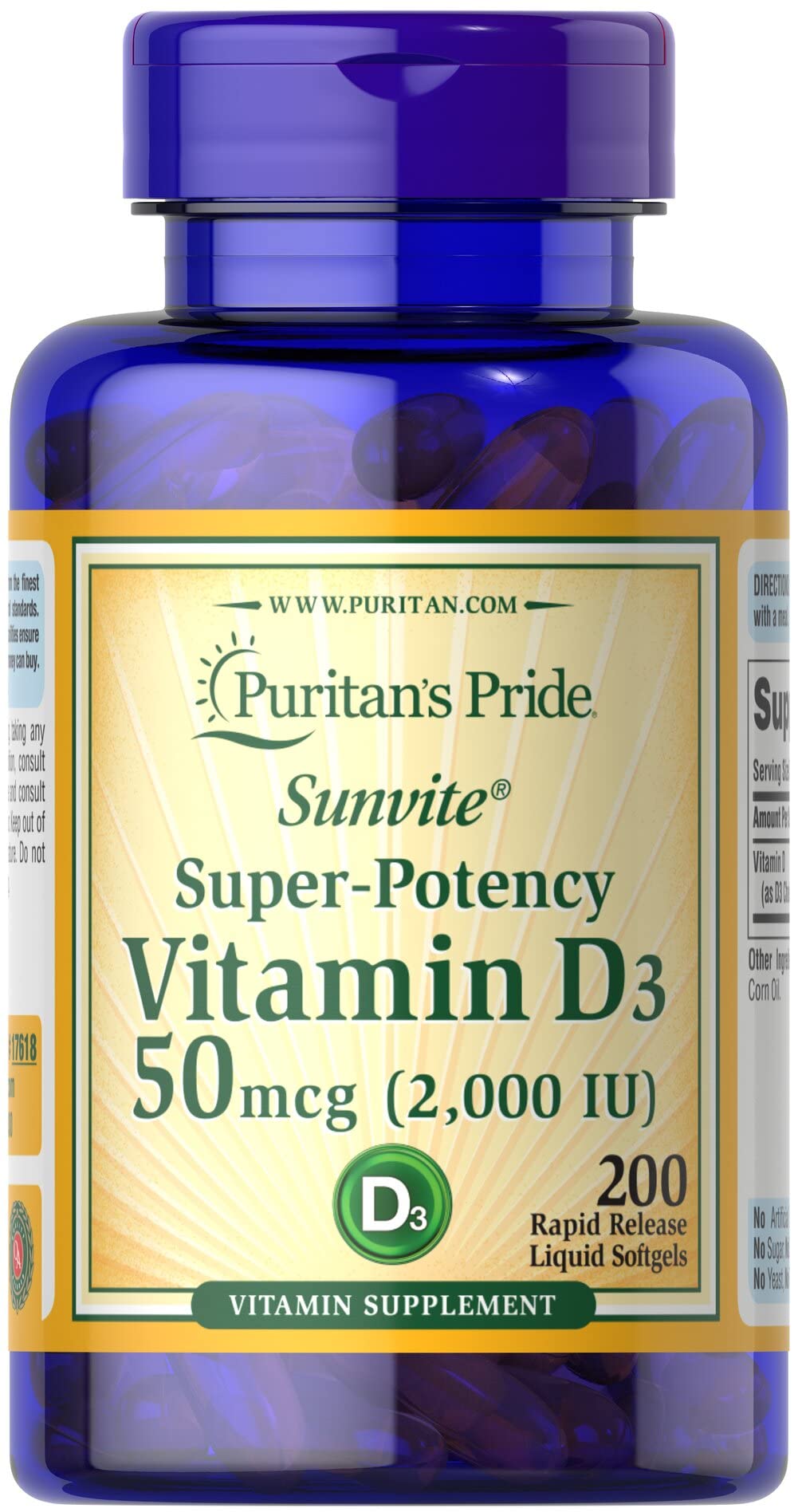 Vitamin D3 50mcg (2000 IU) softgels bottle front view