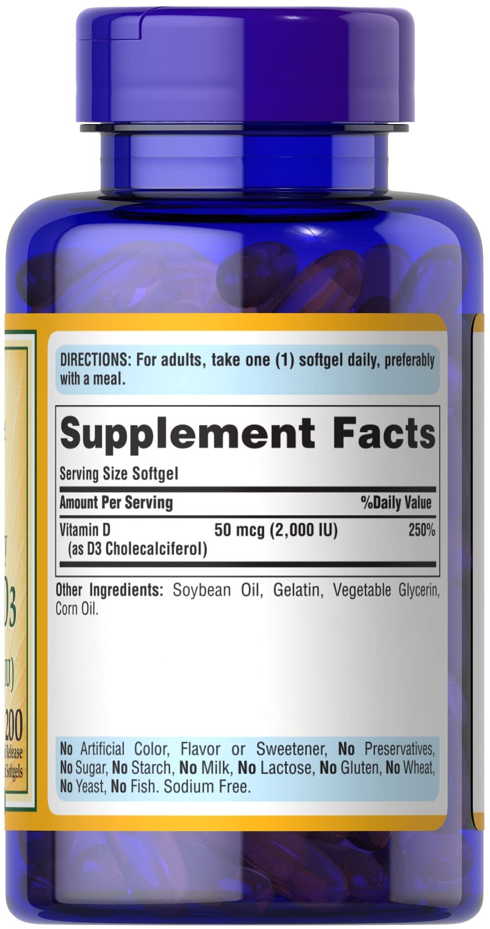 Packaging graphic for Puritan's Pride Vitamin D3 softgels