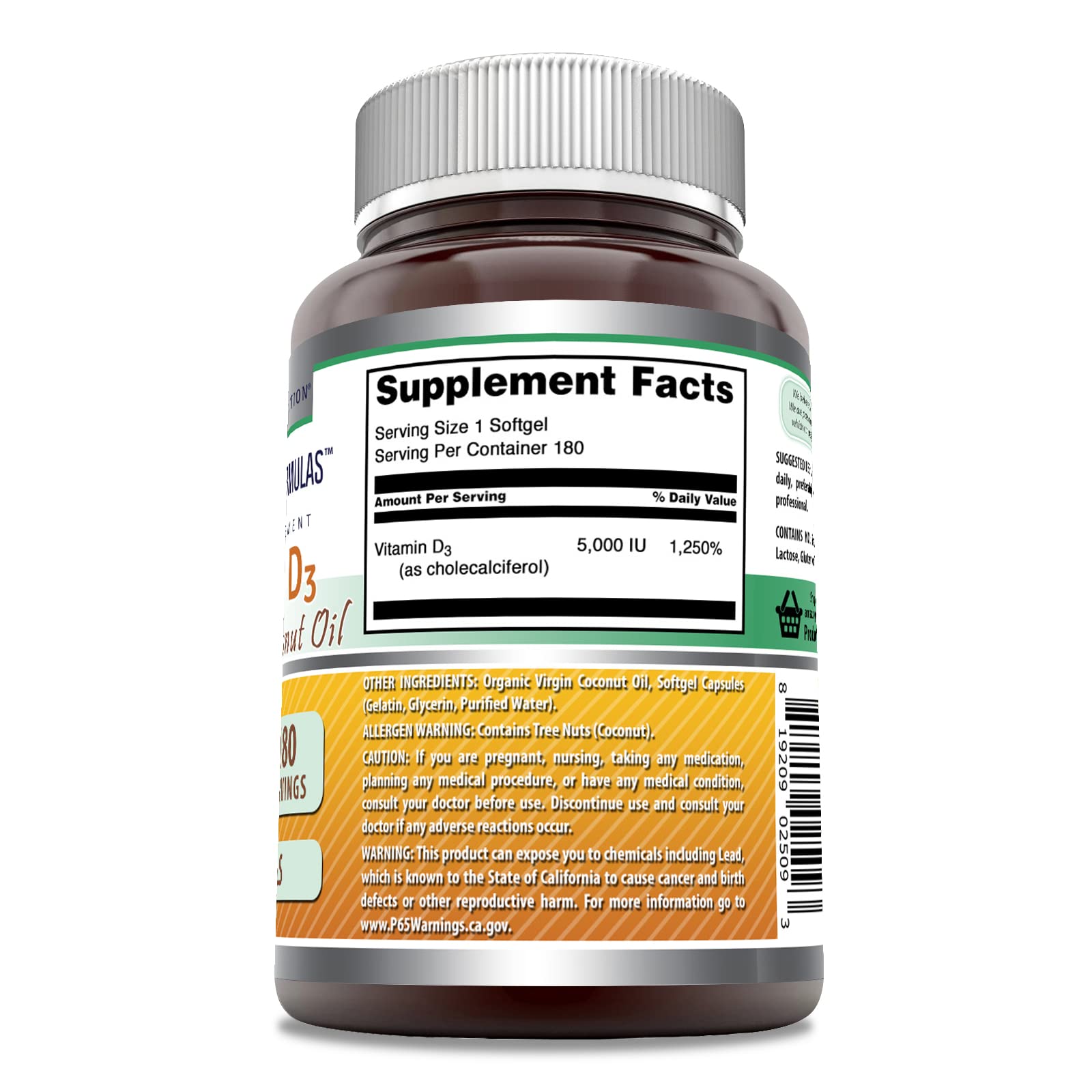 Nutrition facts and Non-GMO Gluten Free seals on bottle