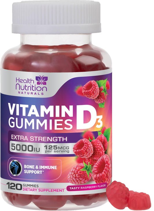Bottle of Vitamin D3 Gummies 5000 IU Raspberry flavor