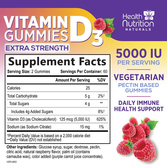 Close-up of raspberry-flavored Vitamin D3 gummies