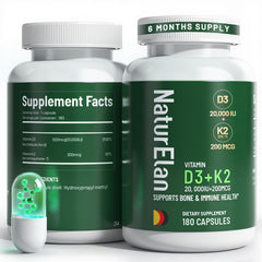 High-dose Vitamin D3 K2 (20,000 IU D3, 200 mcg K2 MK-7) capsules – 180 count