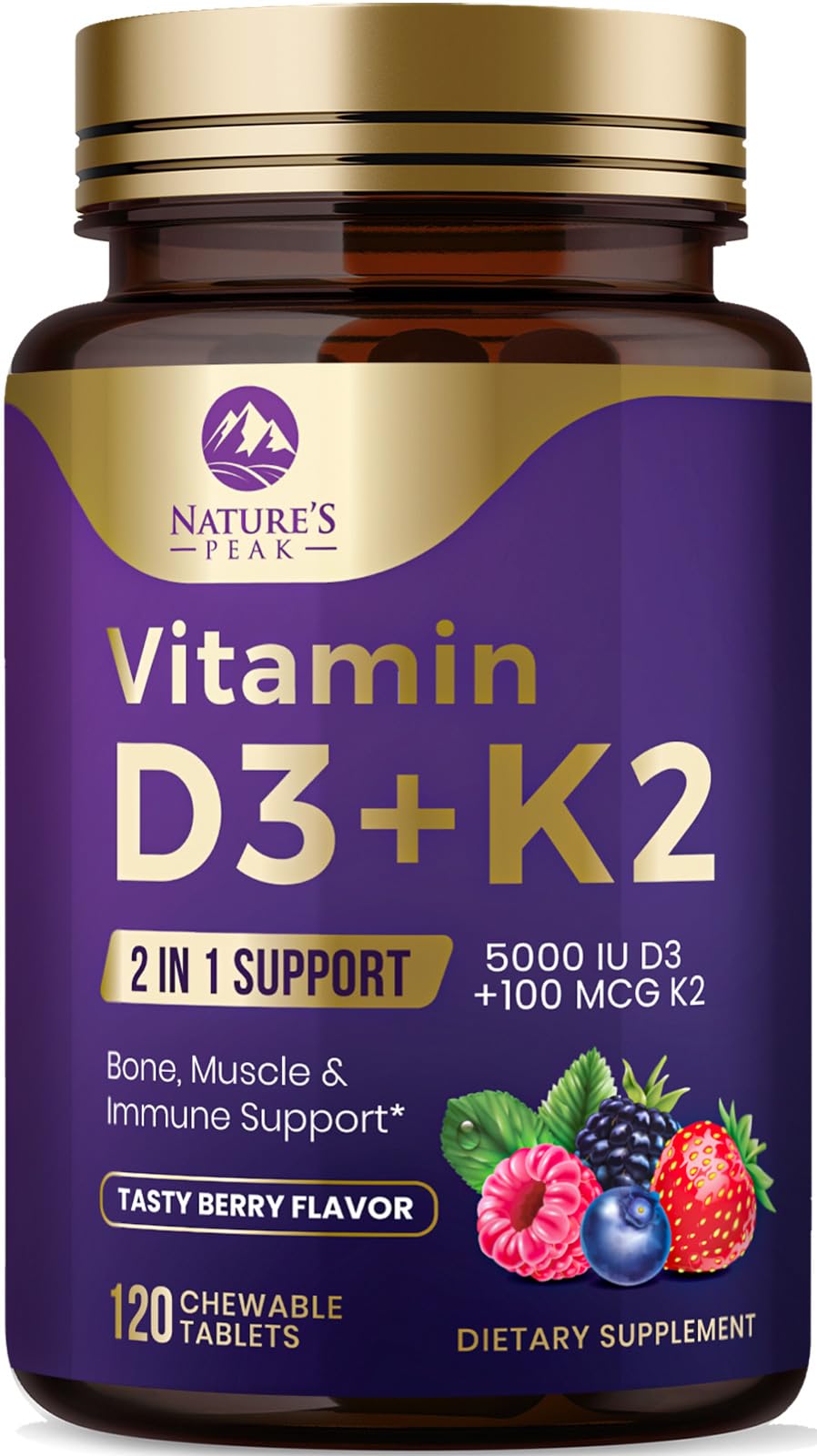 Front view of Vitamin D3 K2 Berry Chewable bottle with 120 tablets