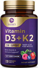 Front view of Vitamin D3 K2 Berry Chewable bottle with 120 tablets