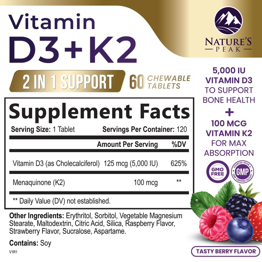 Close-up of Vitamin D3 K2 Berry Chewable bottle label