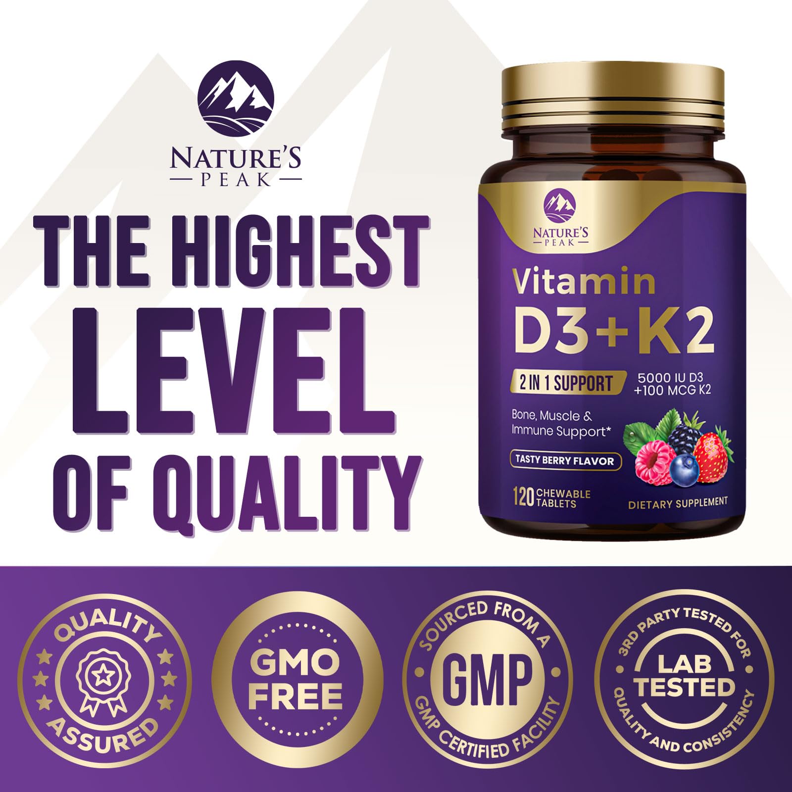 Bottled Vitamin D3 K2 Berry Chewable showing Non-GMO claim