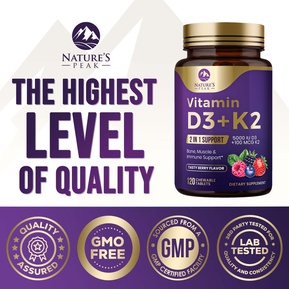 Bottled Vitamin D3 K2 Berry Chewable showing Non-GMO claim