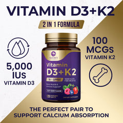 Supplement facts panel for D3 5000 IU and K2 100 mcg