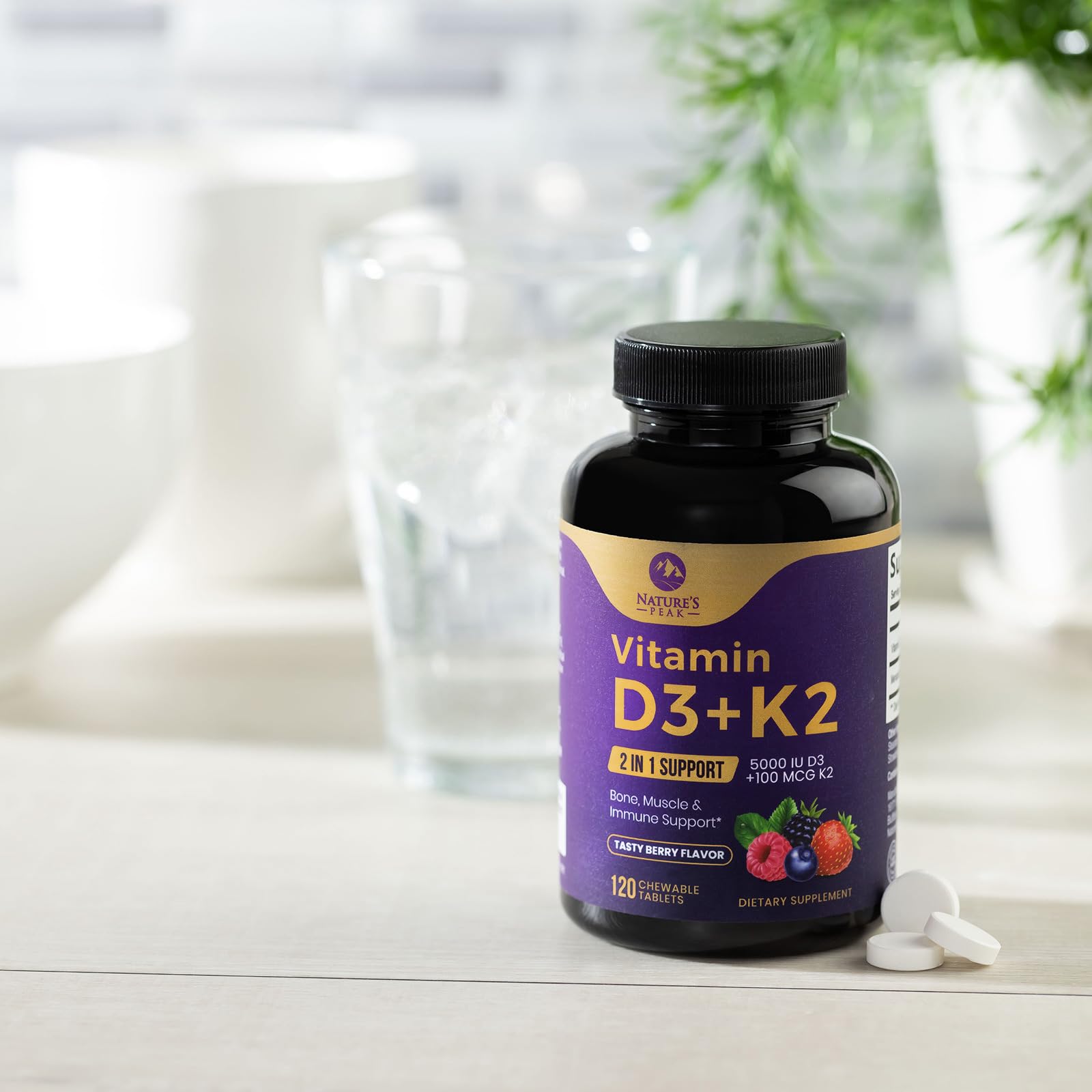 Berry-chewable tablets arranged on a kitchen counter