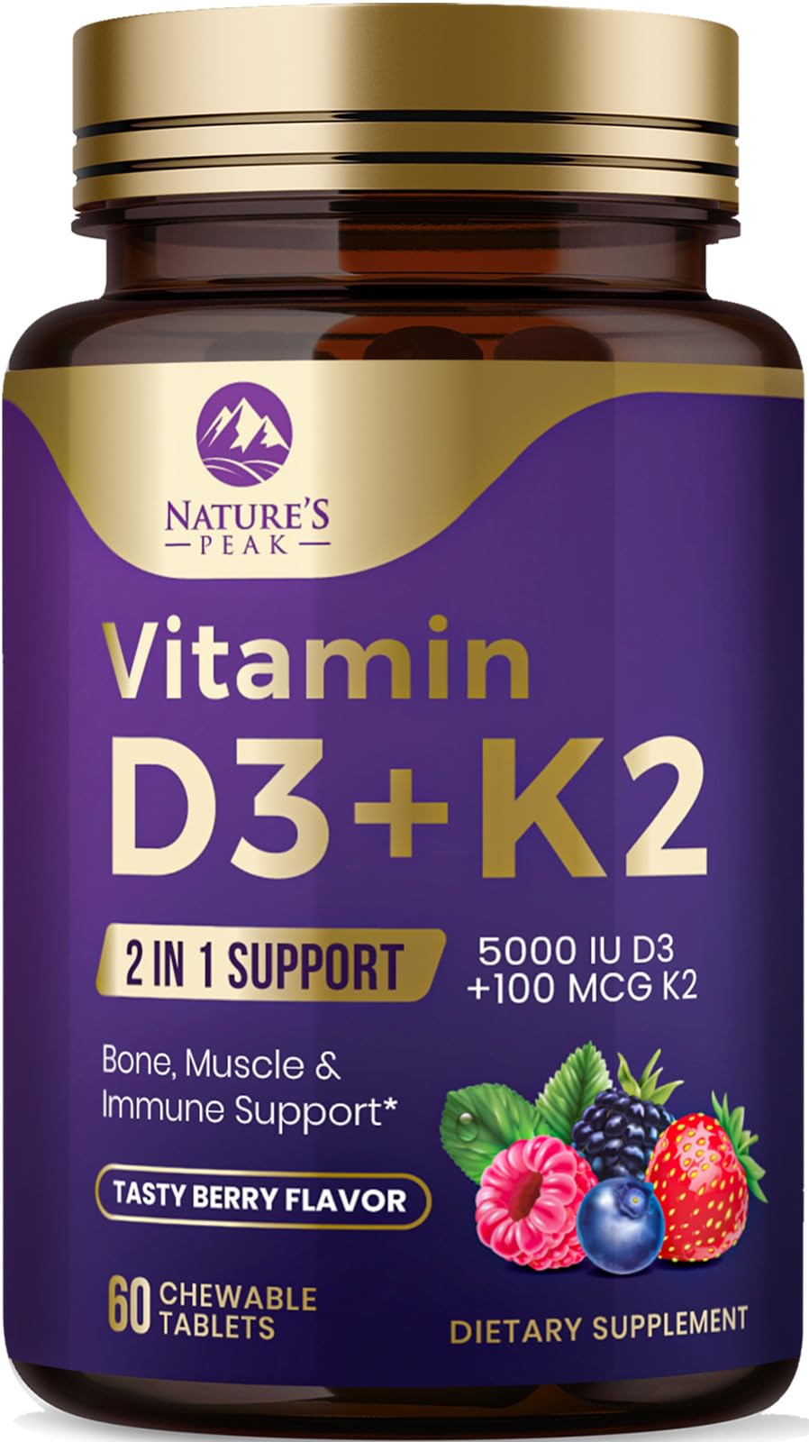 Bottle of Vitamin D3 K2 5000 IU Berry Chewables