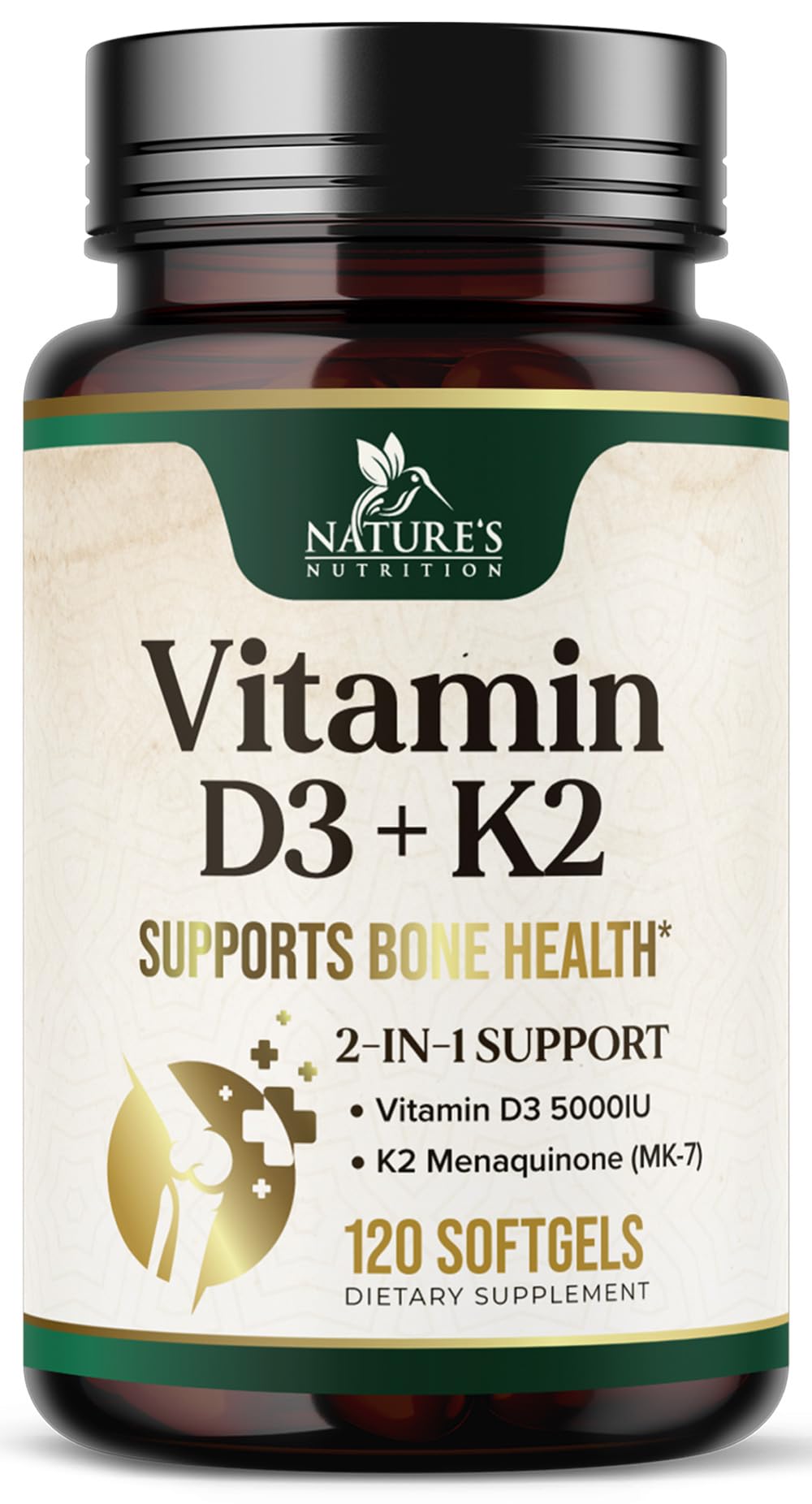 Bottle of Vitamin D3 K2 5000 IU plus MK-7 100 mcg softgels