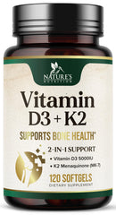 Bottle of Vitamin D3 K2 5000 IU plus MK-7 100 mcg softgels