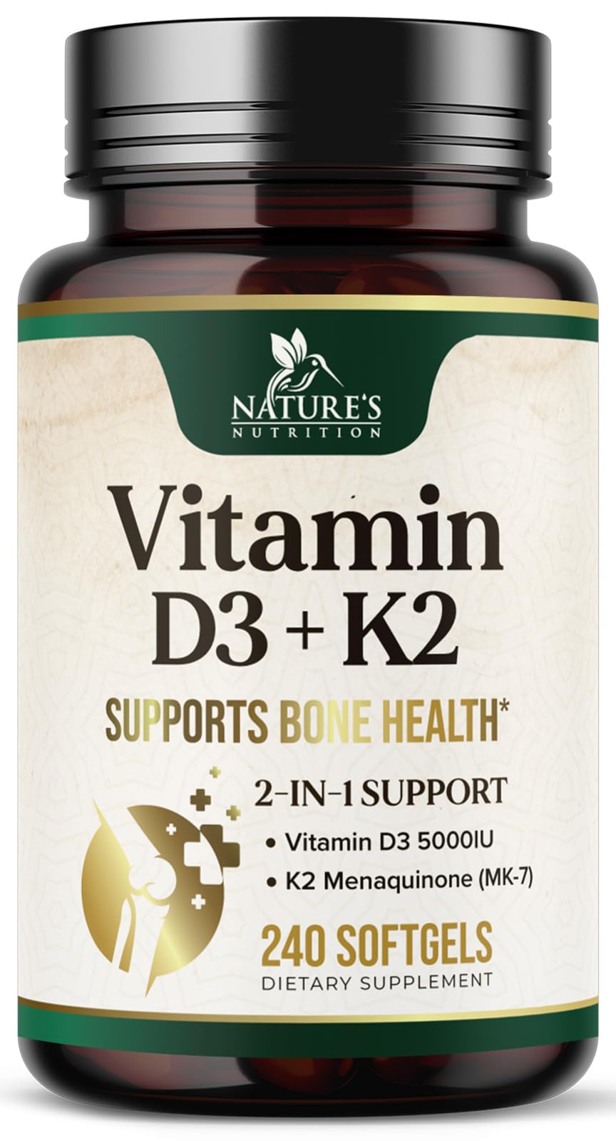 Bottle of Vitamin D3 K2 5000 IU MK-7 softgels