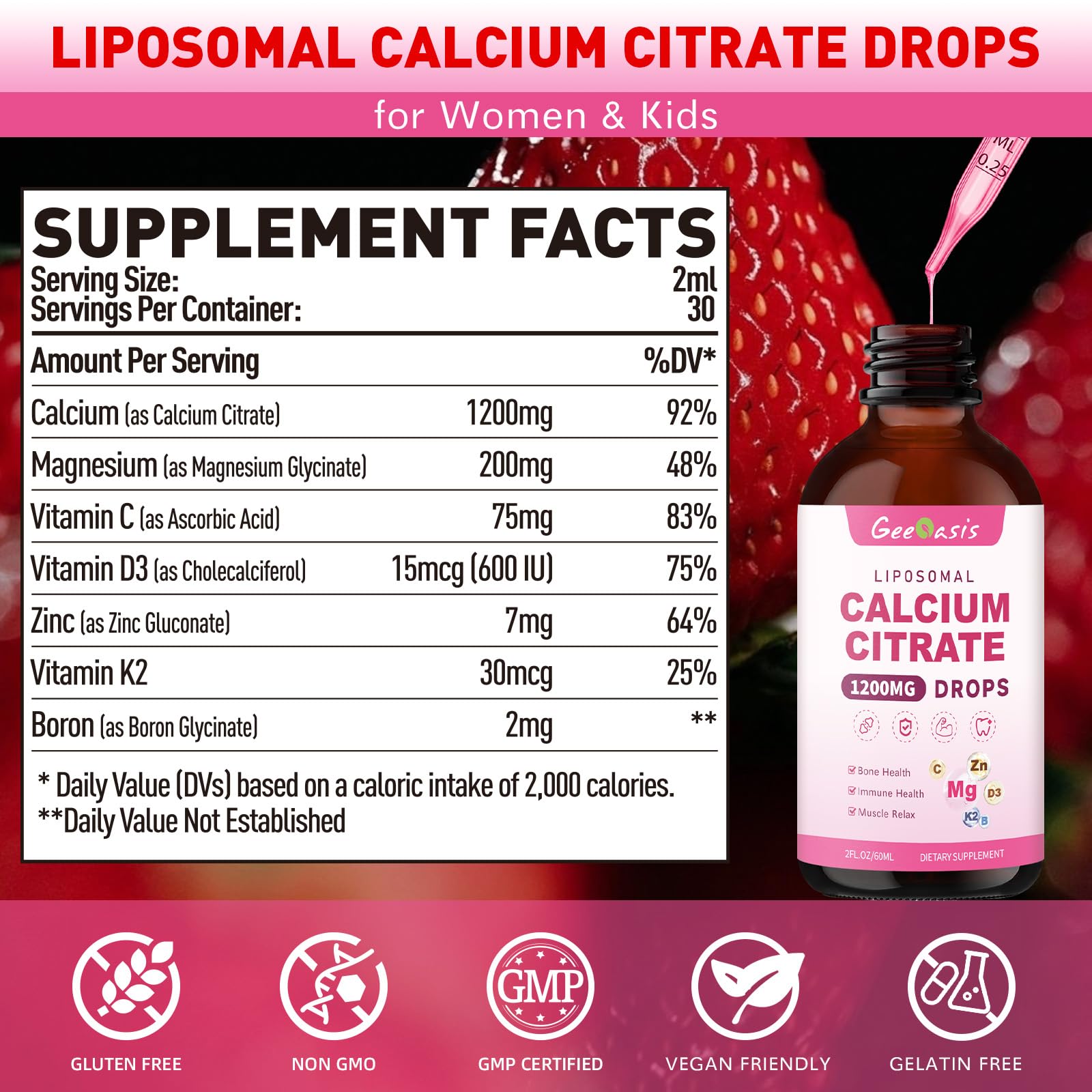 Vitamin D3 K2 C in liposomal calcium citrate liquid drops