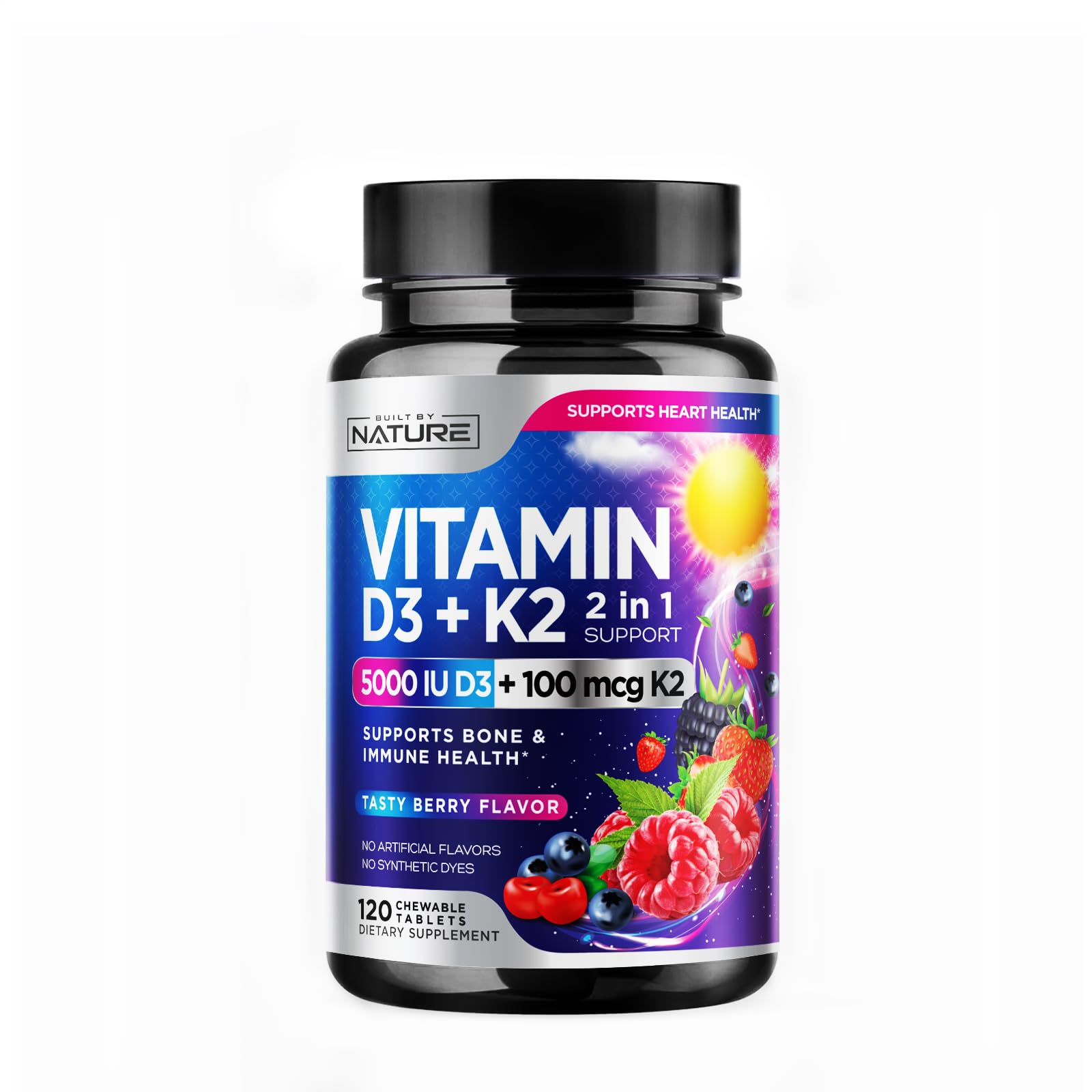 Hero image of Built By Nature Vitamin D3 K2 chewable berry flavor bottle 120 count