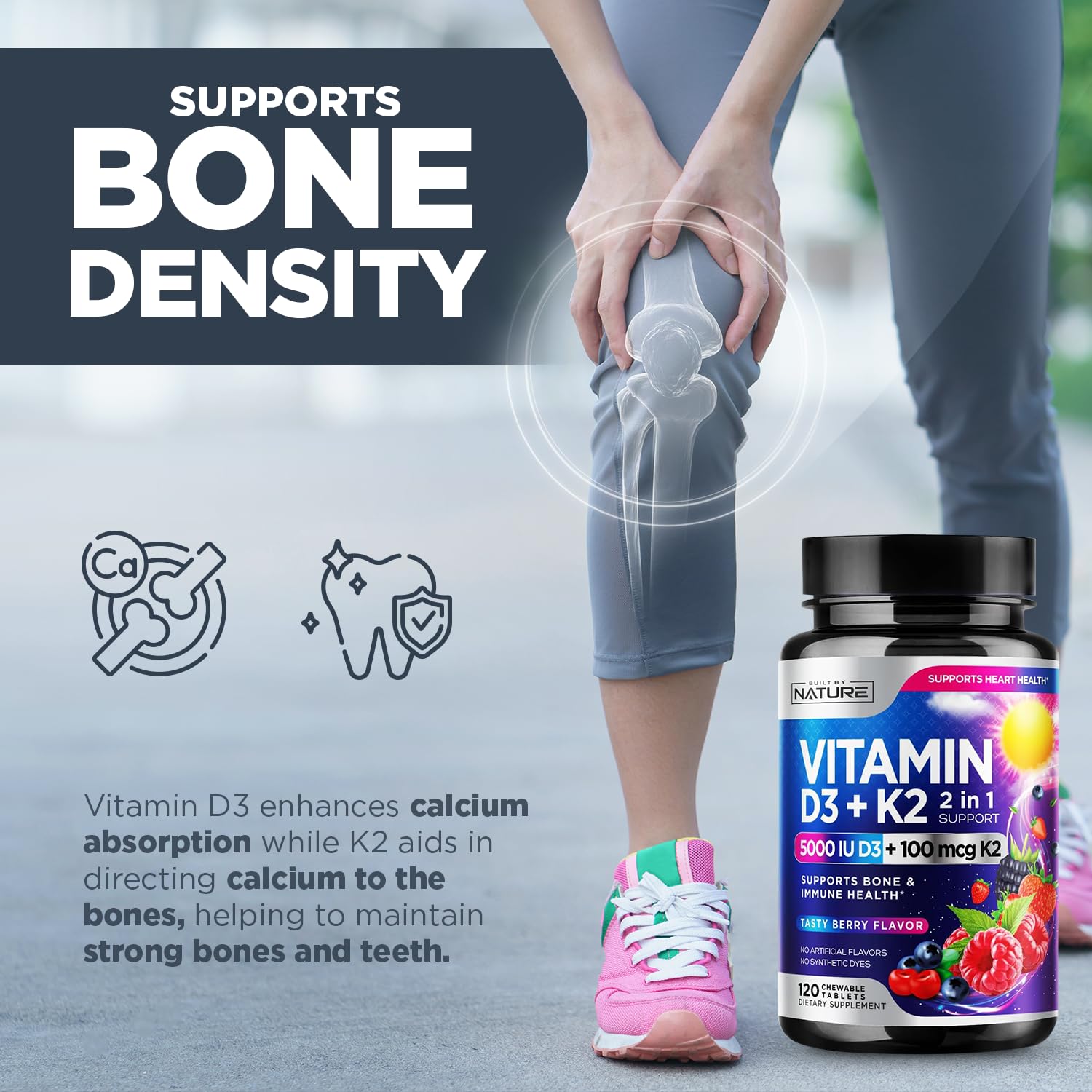 Berry flavor vitamin D3 K2 chewable pack shot 120 tablets